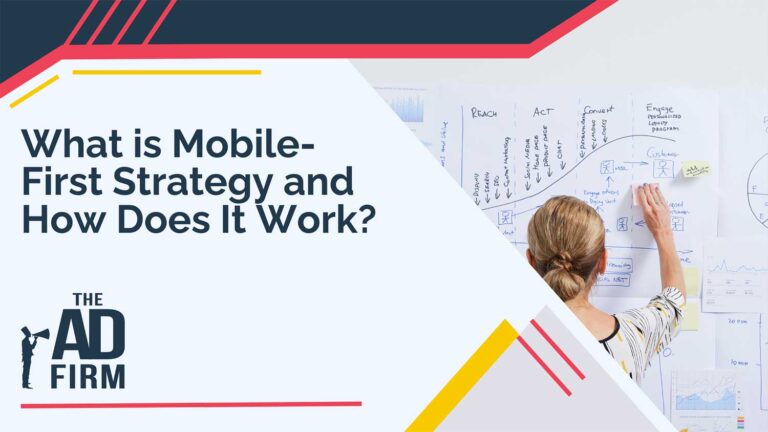 Image with text reading ‘What is Mobile-First Strategy and How Does It Work’', highlighted by The Ad Firm, a digital marketing agency.