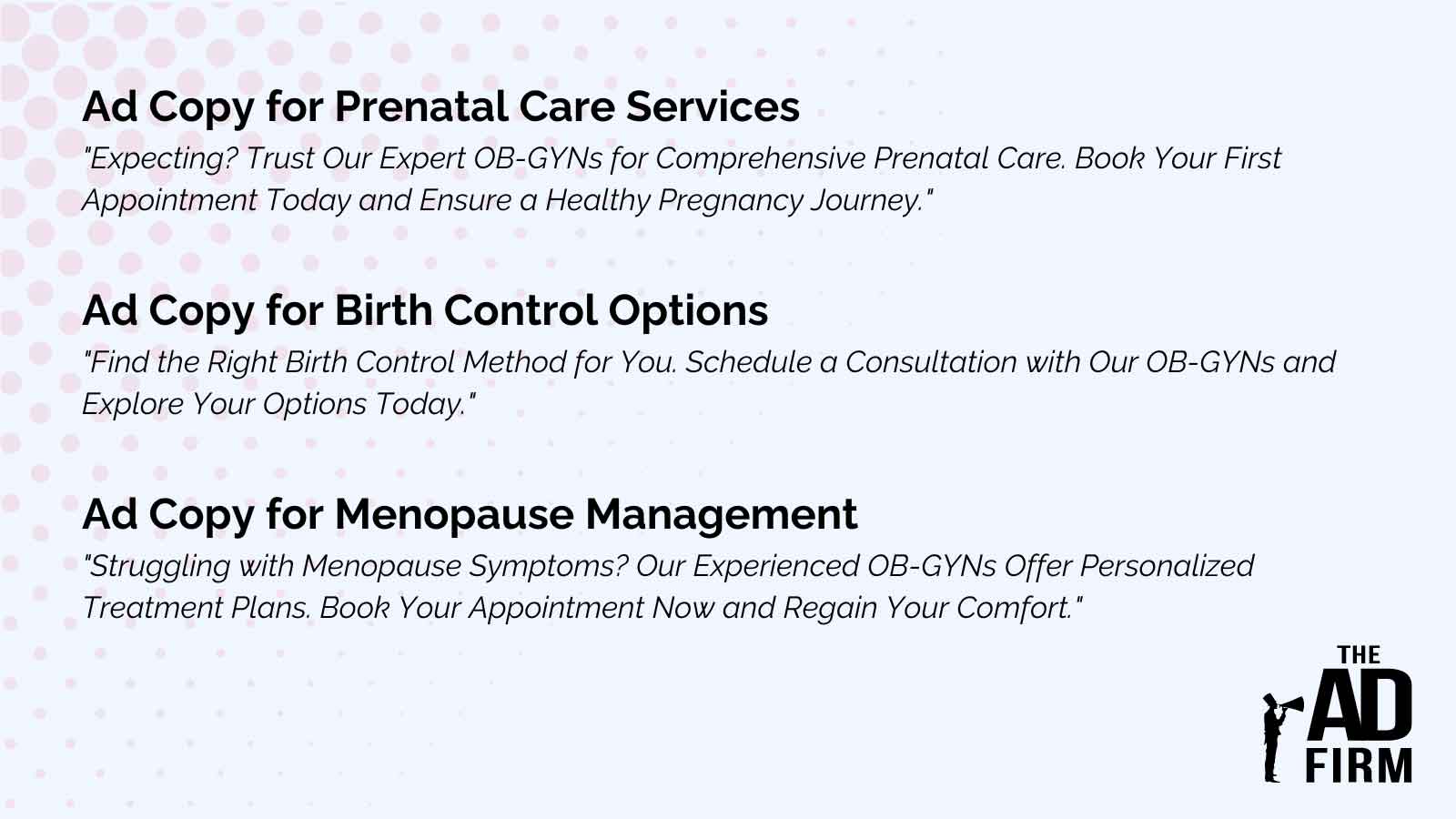 image showing various copies for an ad for an OB-GYN clinic