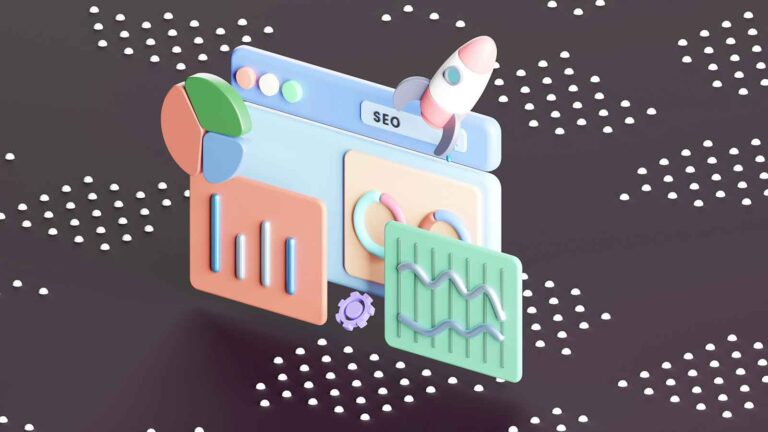 Colorful illustration of SEO services tools, featuring a rocket on a browser tab, a lock, and a graph, symbolizing link-building strategies.