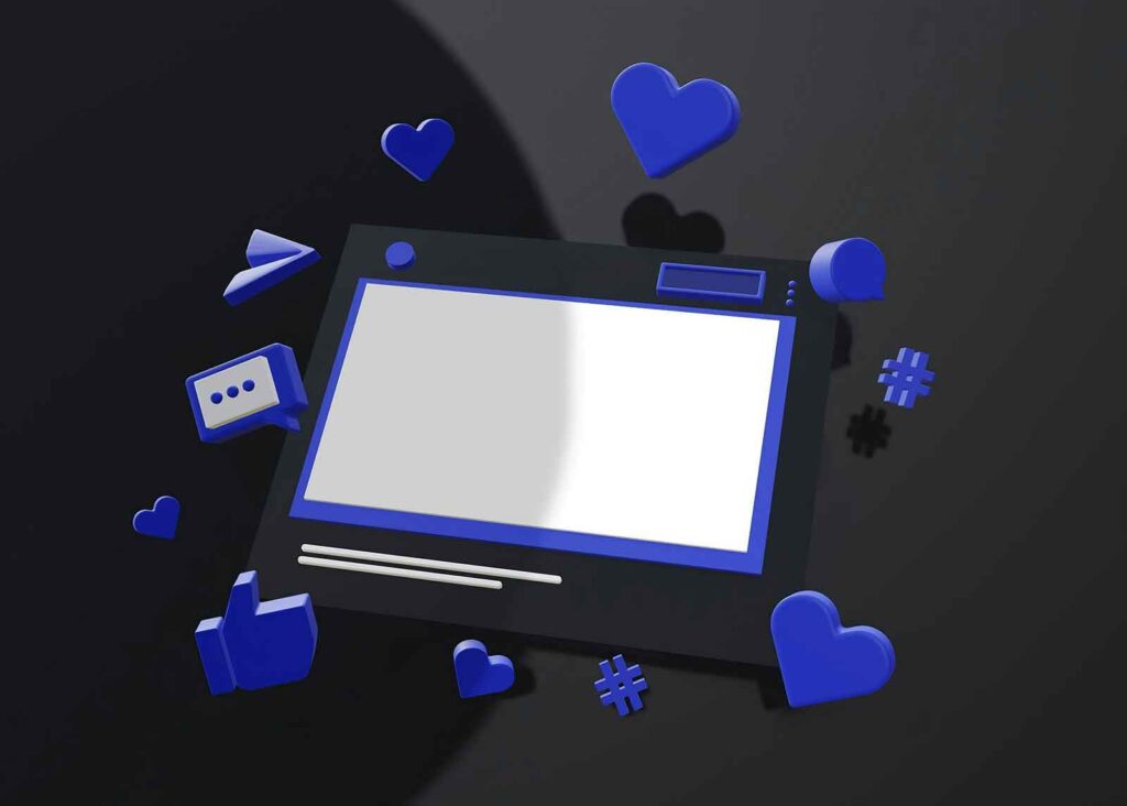 Stylized image of a tablet surrounded by social media icons and likes, depicting tools used in link-building and social media marketing campaigns.