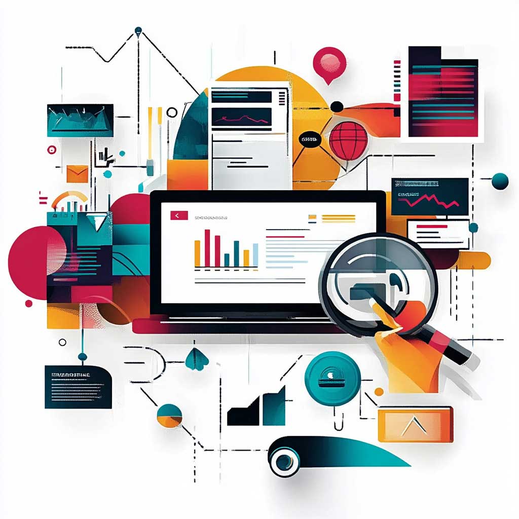 Illustration of SEO services including a digital globe, search engine results, and keyword metrics, symbolizing enhanced online visibility