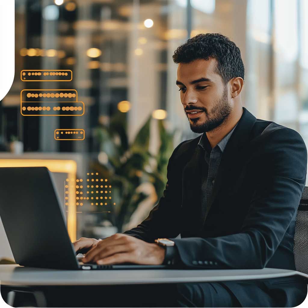 Professional man reviewing SEO service feedback on a computer, focused on a 4-star Google review on his monitor