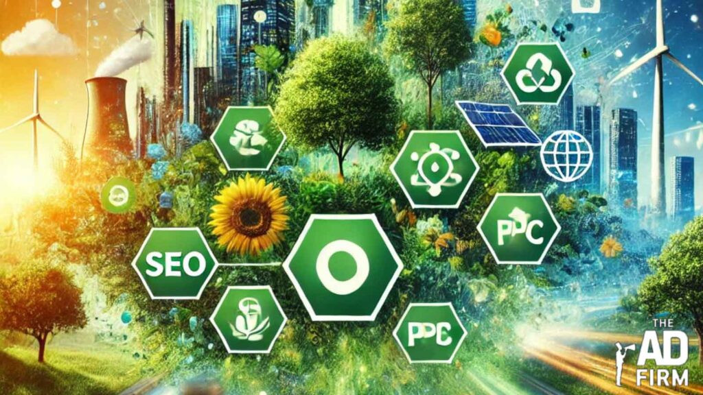 Vibrant digital marketing ecosystem in a modern city, combining renewable energy sources like wind turbines and solar panels with PPC and SEO symbols