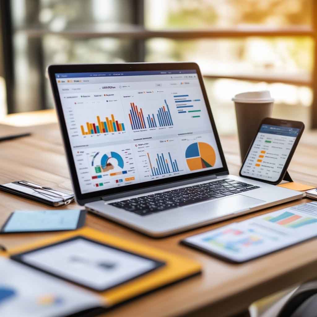 Close-up of a laptop screen showing colorful graphs and charts representing SEO performance metrics.