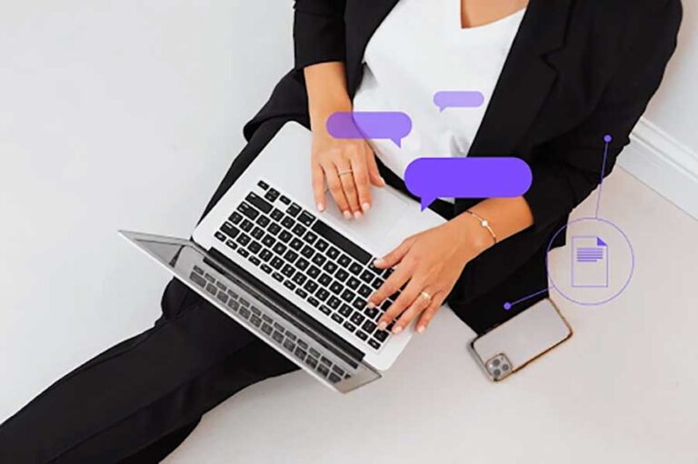 A woman in a business suit using a laptop for online communication, showcasing AI tools, with speech bubbles and a document icon highlighted.