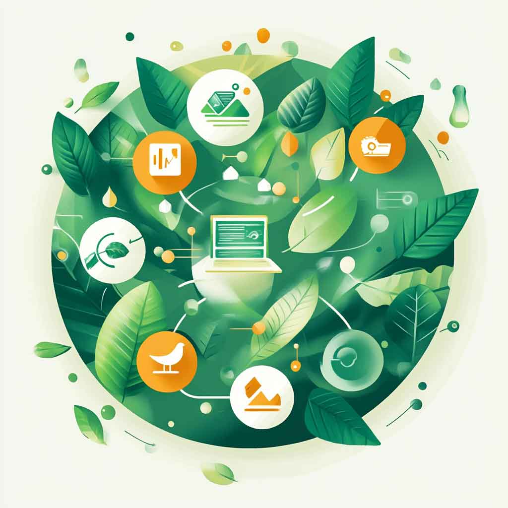 A digital marketing ecosystem blending nature and technology, with icons representing SEO, PPC, and environmental sustainability in a circular design of leaves.