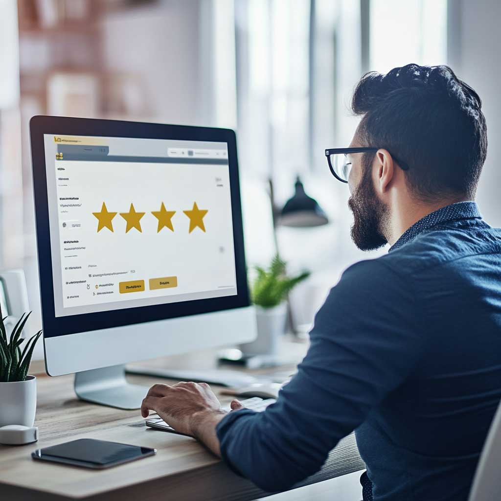 Professional man reviewing SEO service feedback on a computer, focused on a 4-star Google review on his monitor