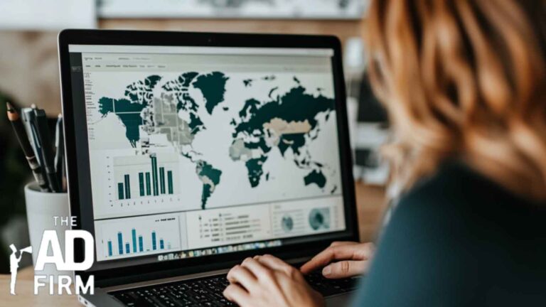 A digital marketer examining website analytics on a laptop with a world map.