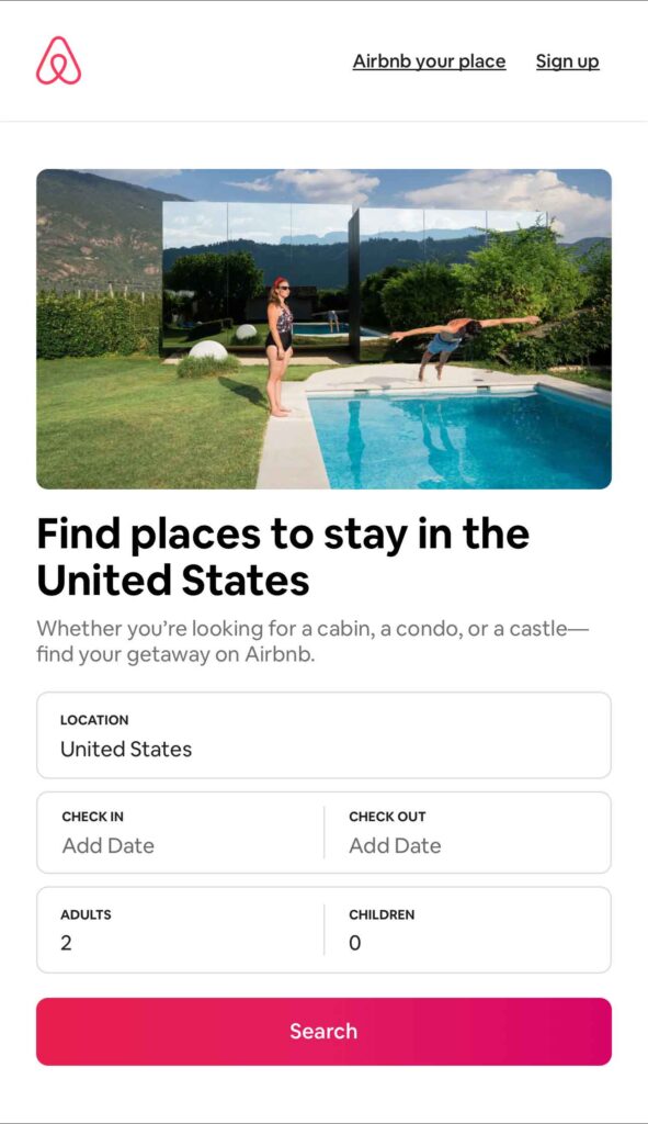 Screenshot of the Airbnb mobile site featuring property listings, search filters, and a booking interface for travelers.