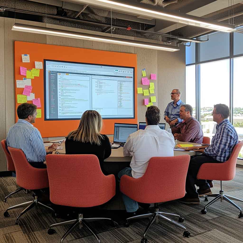 SEO specialists brainstorming mobile-first indexing strategies with a checklist displayed on a screen.