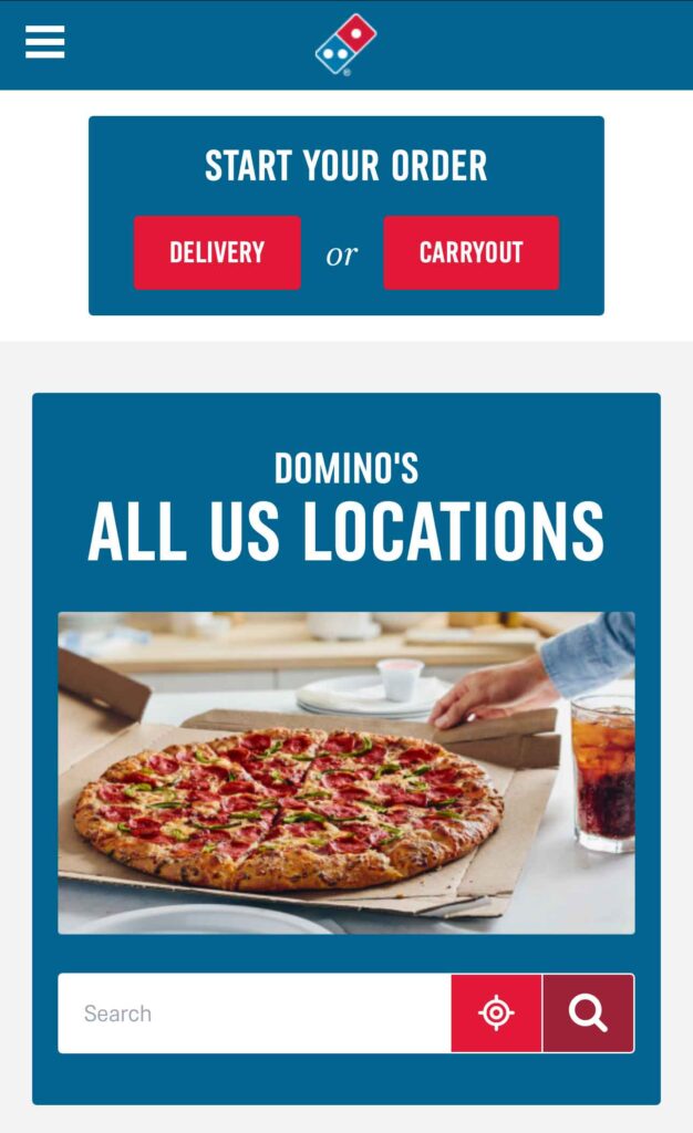 Screenshot of the Domino's mobile site showcasing the pizza ordering process, menu items, and delivery options in a user-friendly format.