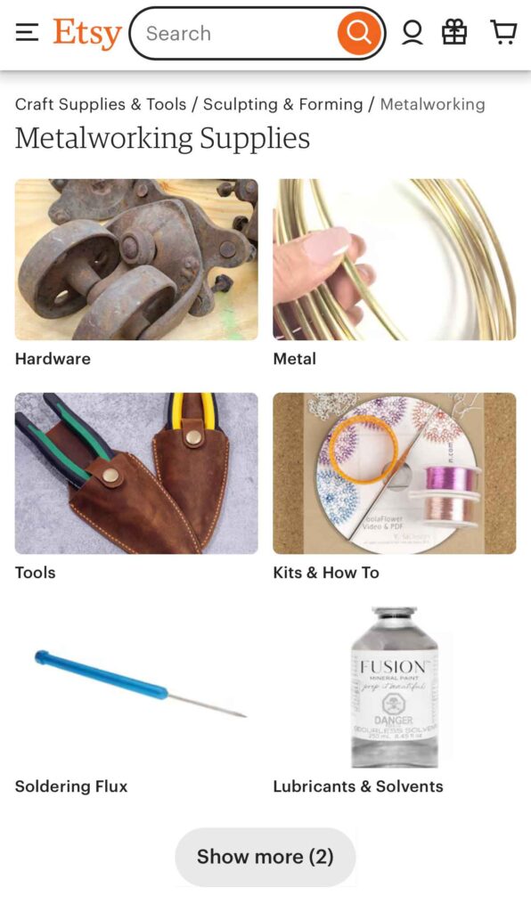 Screenshot of the Etsy mobile site displaying a variety of handmade products, search functionality, and personalized recommendations.