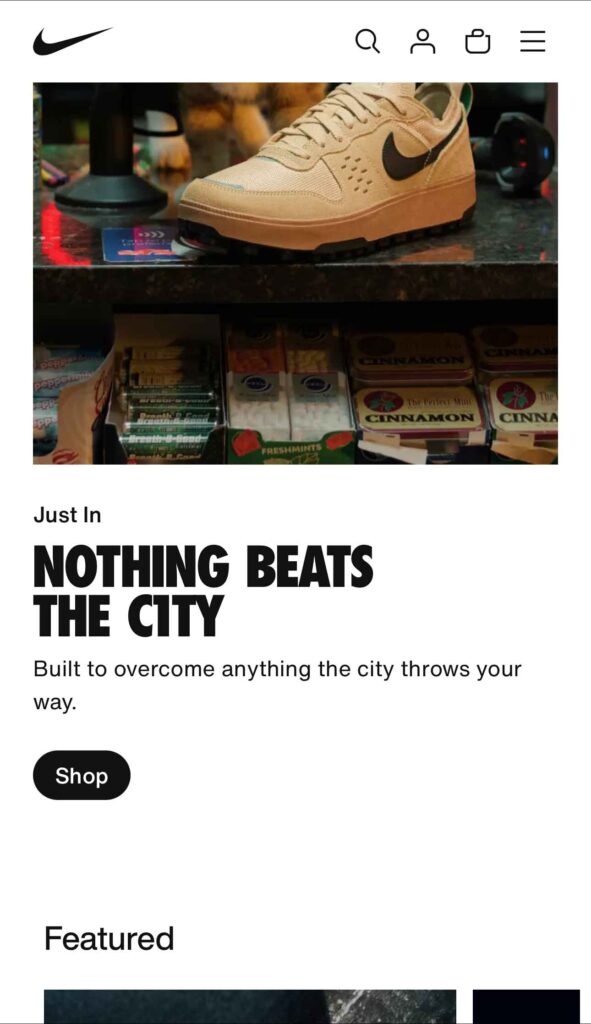 Screenshot of the Nike mobile site highlighting athletic gear, promotional offers, and a sleek, modern design for easy shopping.