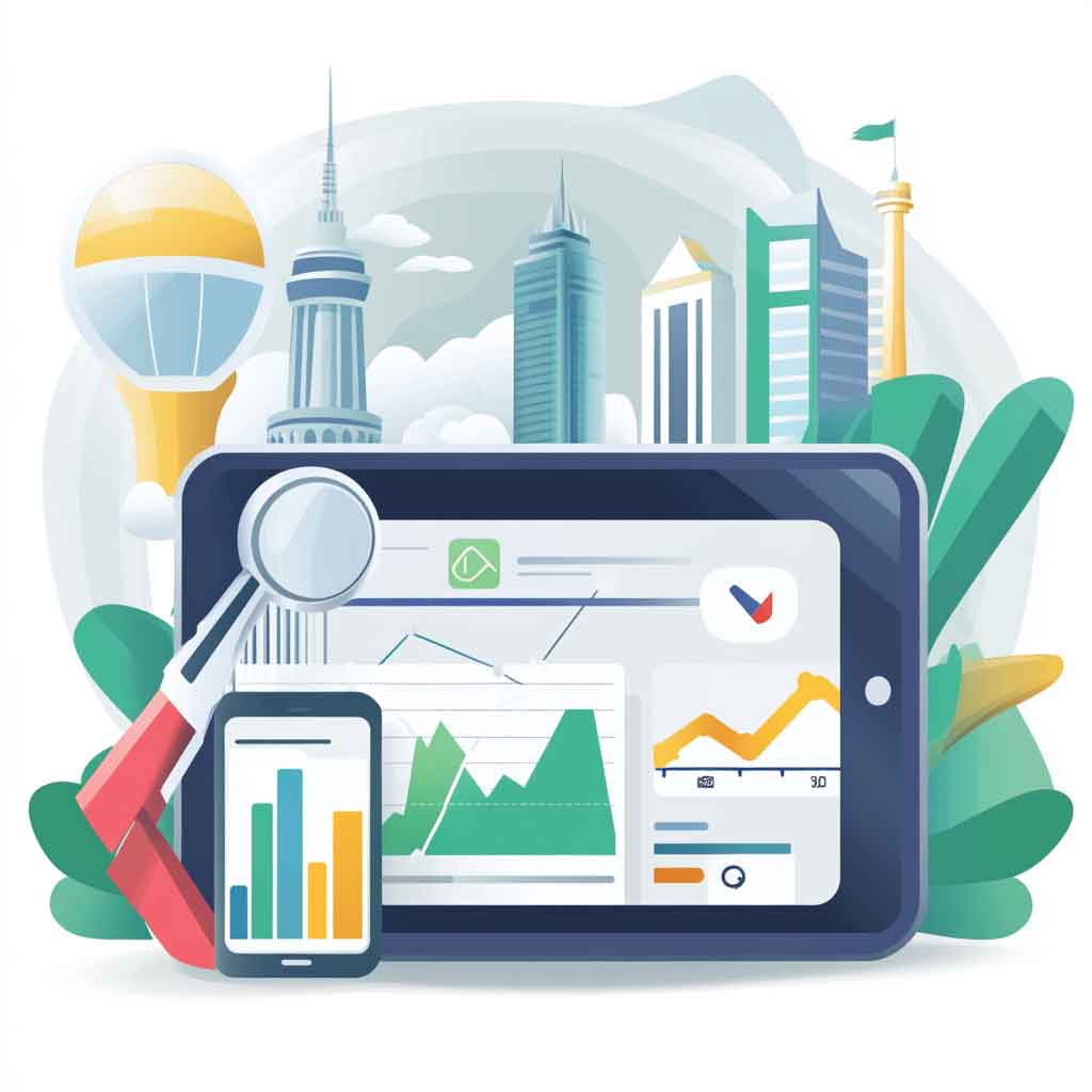 An infographic comparing desktop and mobile indexing effects on SEO, featuring international landmarks.