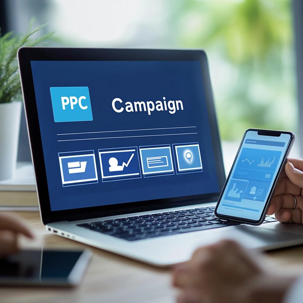 A modern laptop displaying "PPC Campaign" with ad setup fields for keywords, budget, and audience targeting.