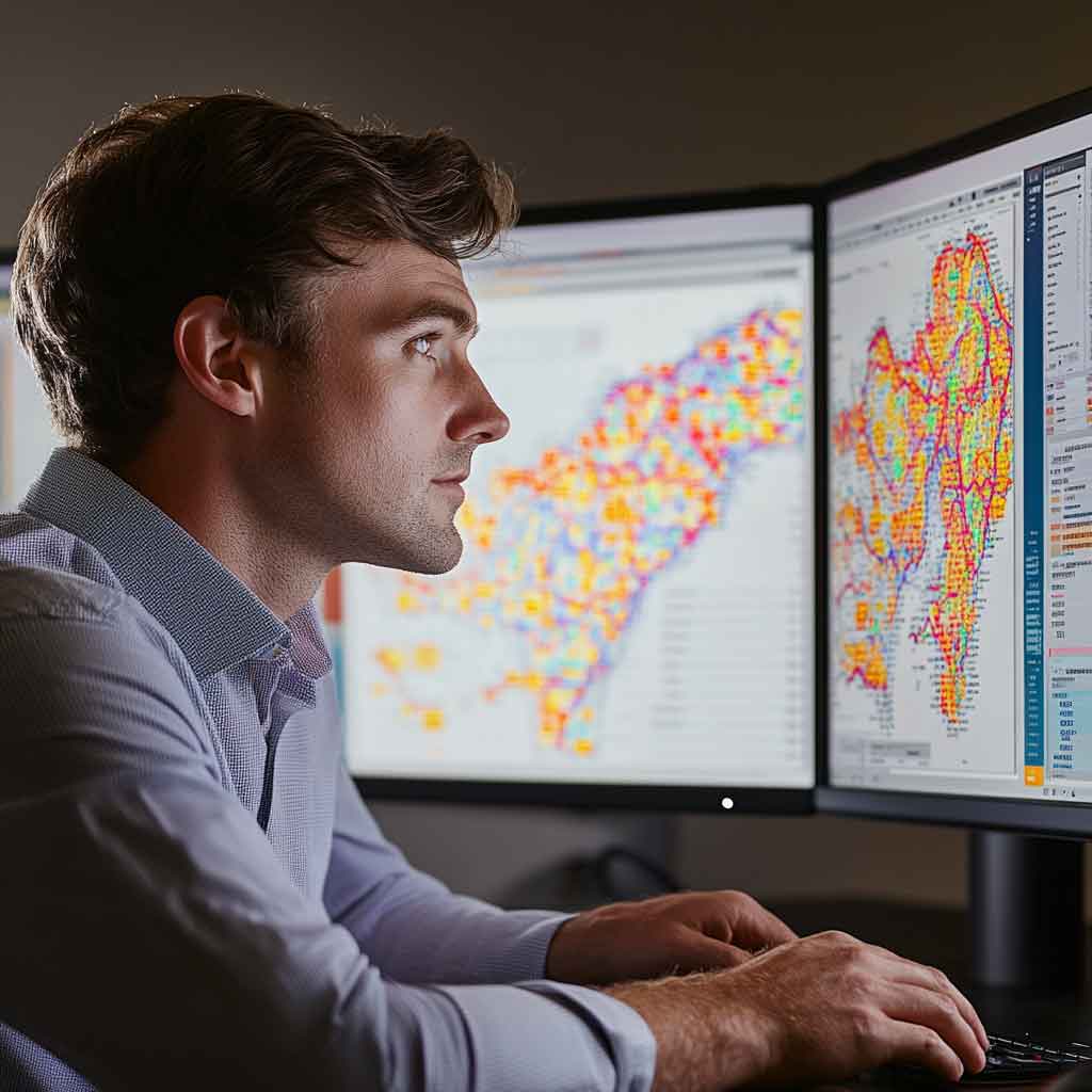 Data analyst examining heatmaps to optimize website layout and user engagement. 