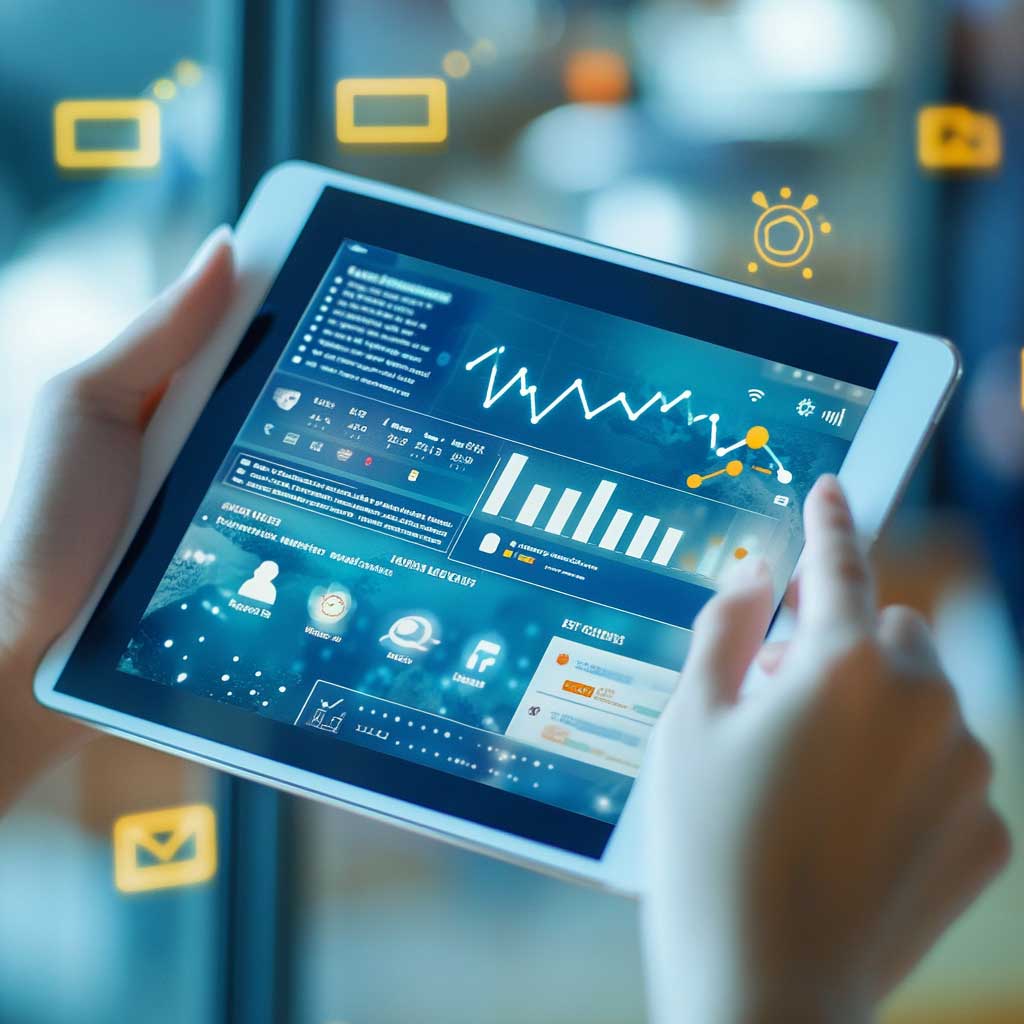 A tablet showing a brand page with customer testimonials and high ratings, alongside a traffic chart.