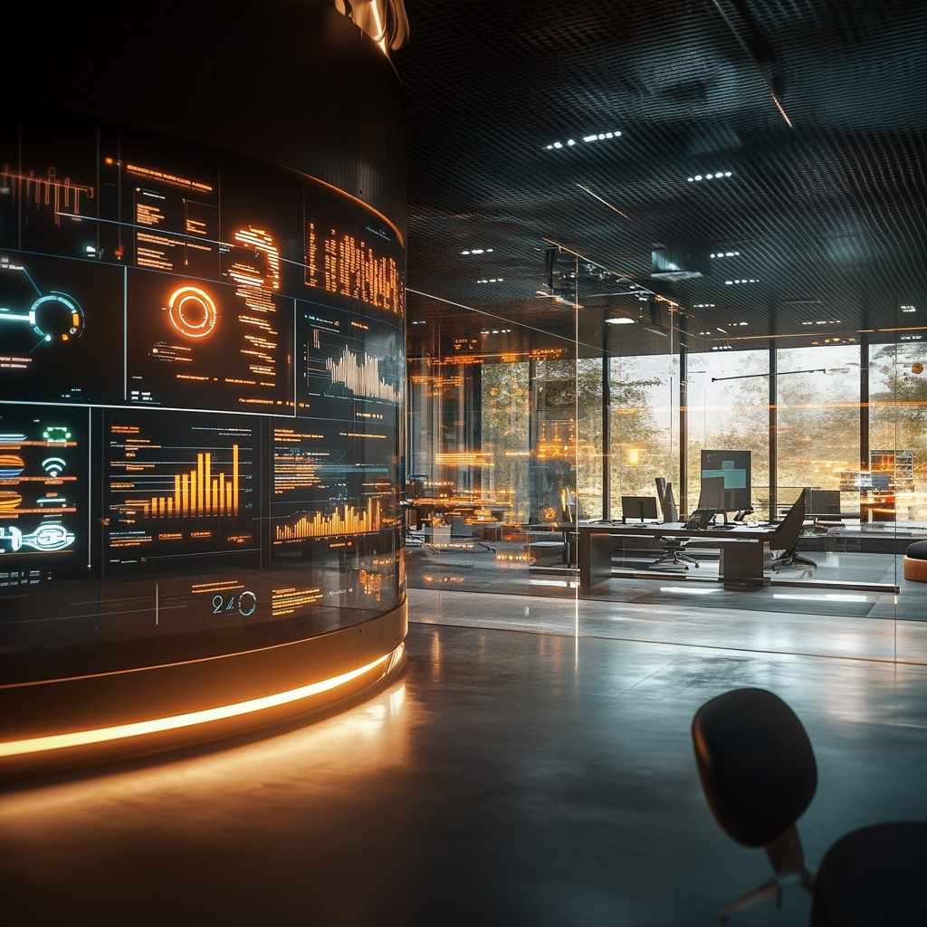 A futuristic office environment with screens displaying AI analytics and digital marketing.