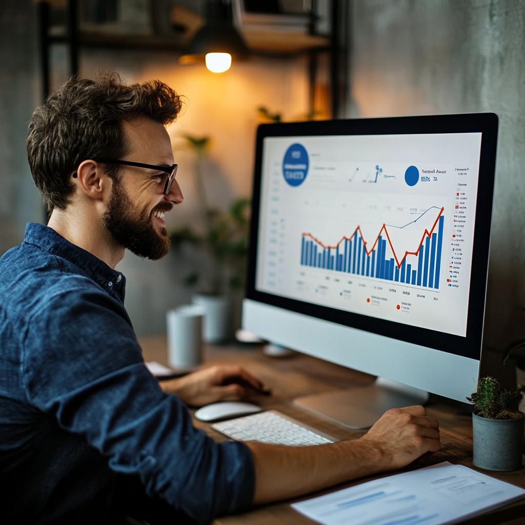 A smiling professional sitting at a desk with a computer screen showing an upward-trending graph.