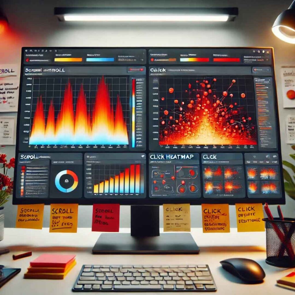 Analyzing Heatmaps to Optimize Website Layout for Better UX, Showcasing Hotspots and Scroll Behavior Insights with Graphical Data Panels.