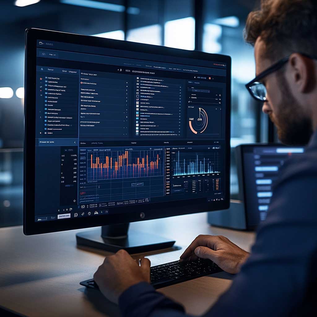 A social media manager viewing an analytics dashboard for brand mentions and SEO rankings.
