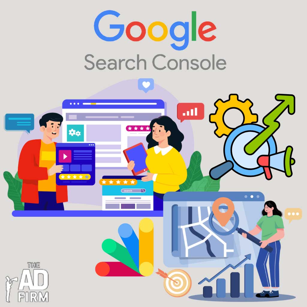 Interactive visual representation of SEO strategies with Google Search Console, featuring people analyzing data for performance improvements.