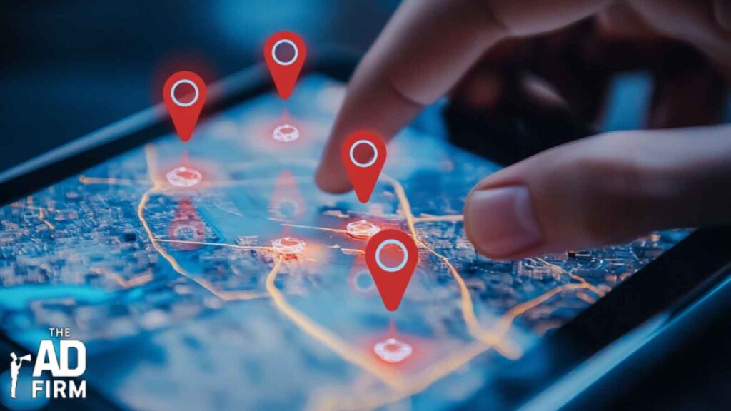 Digital map on a phone showing local search locations with pinpoint icons for nearby businesses. 