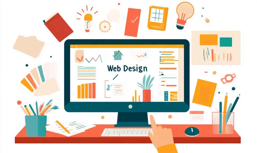 Illustration of a modern accessible web design workspace with charts, tools, and colorful elements, emphasizing inclusivity. 