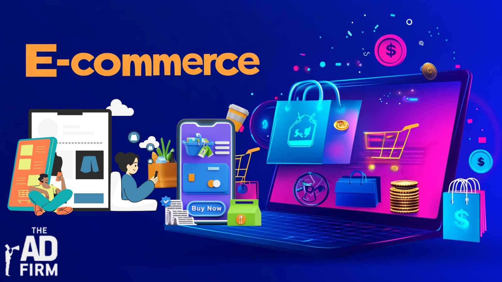 Illustration of digital e-commerce platforms featuring online shopping elements and the best e-commerce platforms for 2025.