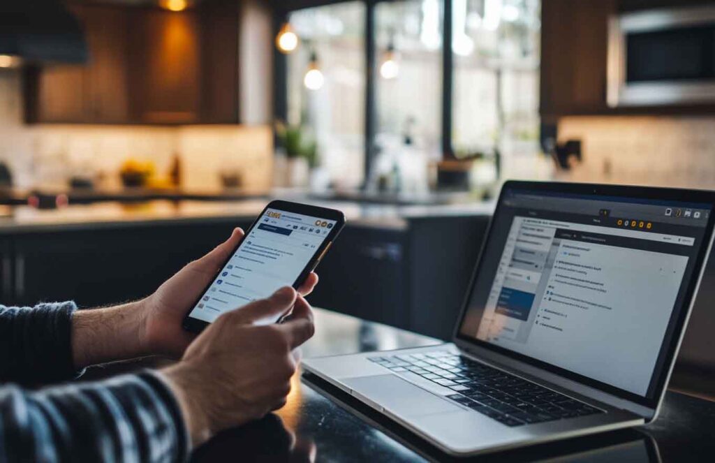 Small business owner using local search tools on a smartphone and laptop in a home office setting.