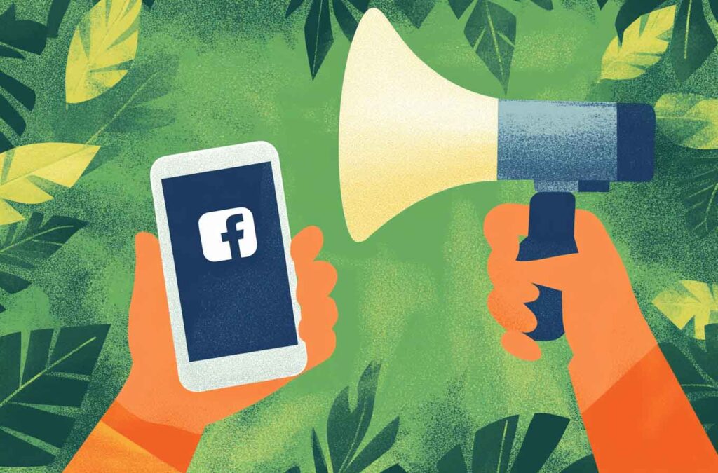 Illustration of a hand holding a phone with Facebook logo and a megaphone, symbolizing Facebook Ads Optimization. 