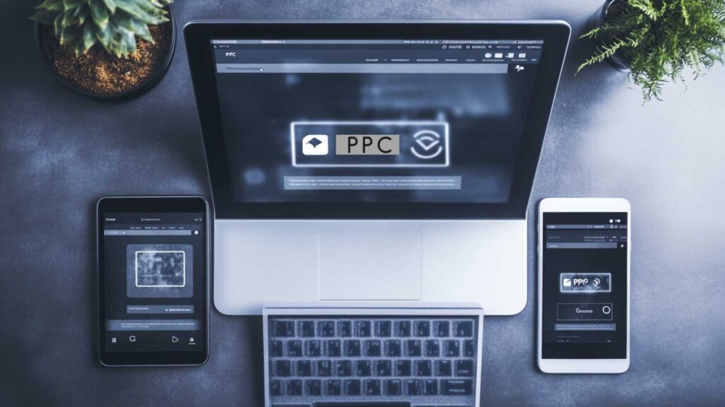 PPC concepts displayed on a laptop, tablet, and phone in a modern workspace setup