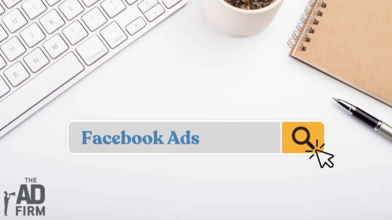 Search bar highlighting Facebook Ads Optimization on a clean desk with The Ad Firm branding.