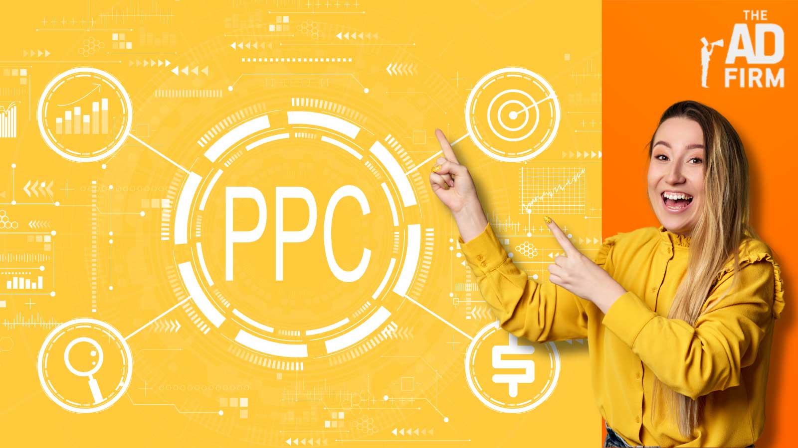 PPC-focused digital marketing graphic with analytics and engaging visuals featuring a cheerful woman.